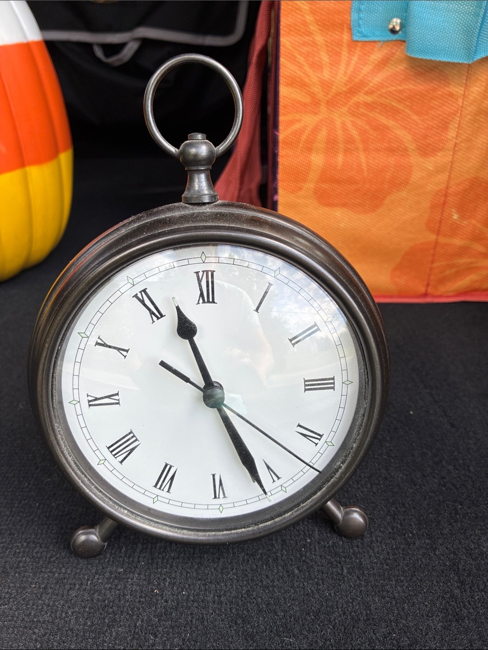 Pottery Barn Round Metal Mantel Clock in Bronze and White